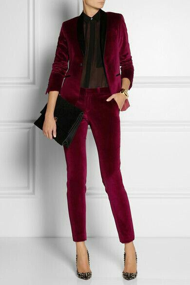 Burgundy velvet jacket and pants. Velvet tends to look old and vintage. This is sharp and clean. Velvet Suit, Tuxedo Pants, Red Suit, Tailored Dress, Velvet Fashion, Business Outfit, Guest Outfit, Business Attire, Work Attire