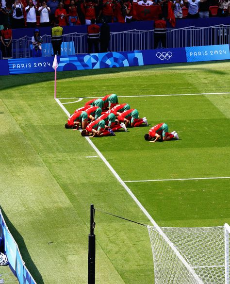 The Moroccan football team engaging in prayer after a goal in a quarterfinal match against the USA in the 2024 Paris Olympics.  #photo #photooftheday #photographer #photography #football #futbol #paris2024 #olympics Moroccan Football, Morocco Football, Goal Celebration, Paris Olympics, Soccer Team, Photographer Photography, Football Soccer, Football Team, Morocco