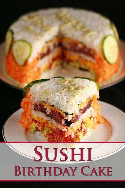 Savory Birthday Cake, Sushi Cake Recipe, Sushi Cake Birthday, Sushi Birthday Cake, Sushi Cakes, Korean Sushi, Baked Sushi, Sushi Birthday, Old Birthday Cake