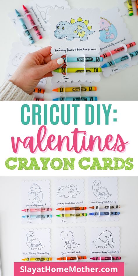 Make these adorable coloring cards with your Cricut machine! These crayon cards are a great candy-free Valentine's Day alternative for your kid's classroom. #valentinesday #kidsvalentines #vday #candyfree #allergens #allergyfree #cricutcrafts #slayathomemother Cricut Valentines Cards For Kids, Cricut Valentine Cards, Valentines Crayons Printable, Valentines With Crayons, Valentines Printables Free Kids, Crayons For Valentines Day, Heart Crayons Valentine, Valentine 2024, Boys Crafts