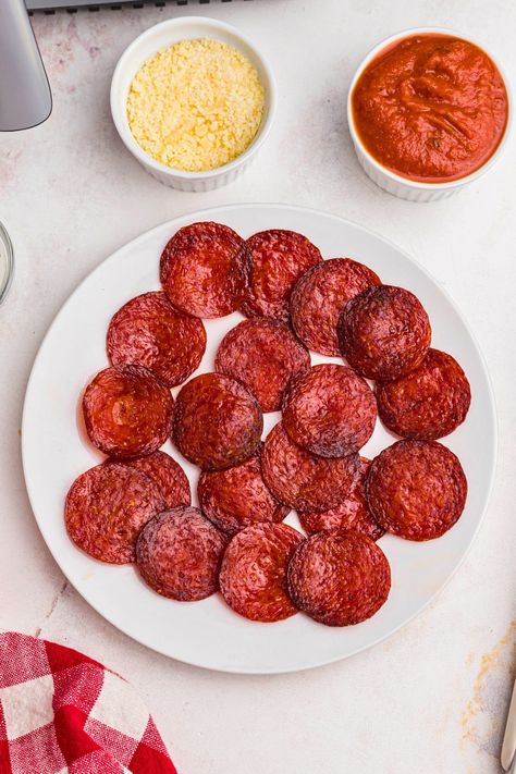 Air Fryer Pepperoni Chips | Air Frying Foodie Air Fried Pepperoni Chips, Pepperoni Chips Air Fryer, Crispy Pepperoni Chips, Air Fryer Pepperoni Chips, Air Fryer Pepperoni, Pizza Egg Rolls, Pepperoni Chips, Zucchini Pizza Boats, Crescent Roll Pizza