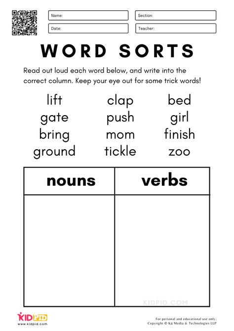 Word Sorts - Nouns and Verbs Worksheets for Kids Nouns Kindergarten, Nouns And Verbs Worksheets, Free English Worksheets, Verbs Activities, Verb Words, English Grammar For Kids, Kindergarten Phonics, Kindergarten Phonics Worksheets, Worksheets For Grade 3