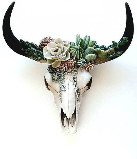 Bull Skull Wall Decor, Painting Cow Skulls, Bull Skull Decor, Cow Head Decor, Skull Succulent, Decorative Skulls, Succulent Wall Decor, South Western Decor, Painted Cow Skulls