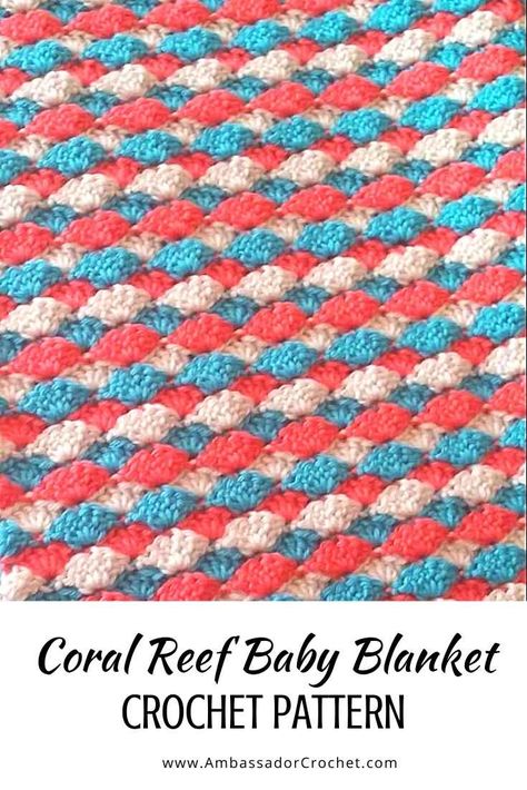 Crochet Blanket Tutorial, Crocheted Afghans, Crochet Knit Blanket, Coral Aqua, Ombre Yarn, Diy Baby Shower Gifts, Blanket Crochet Pattern, Coral Pattern, Nautical Stripes