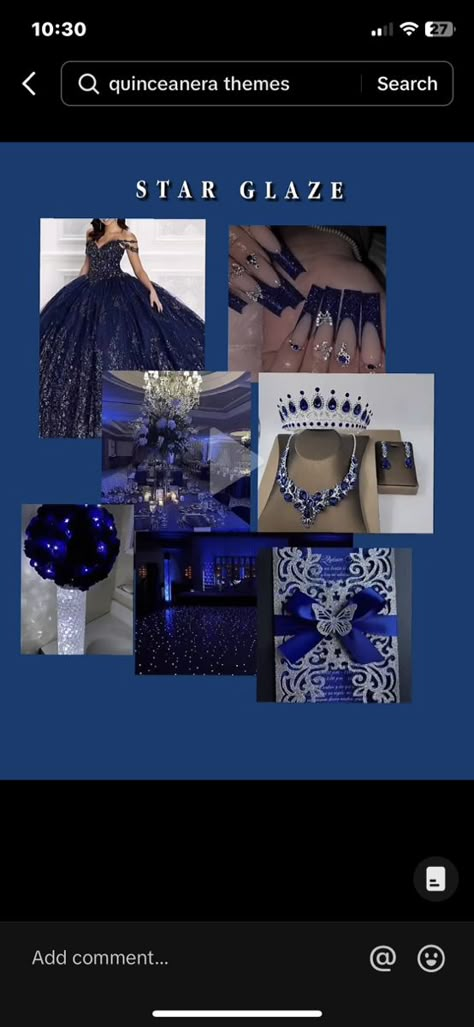 Quinceañera Themes Ideas Blue, Quinceanera Under The Stars Theme, Quinceanera Invitations Navy Blue, Star Themed Quinceanera Dresses, Midnight Blue 15 Dress, Night Quinceanera Theme, Quince Navy Blue Theme, Metallic Dark Blue Quince Dress, Star Quinceanera Dress