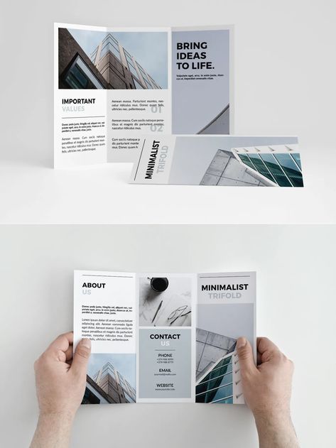 Minimalist Trifold Brochure Template InDesign INDD Broshor Design Layout, Brochure Design Minimalist, Trifold Brochure Design Minimalist, Trifold Pamphlet Design, Minimalist Brochure, Poster Design Competition, Brochure Design Templates, Simple Brochures, Architecture Brochures