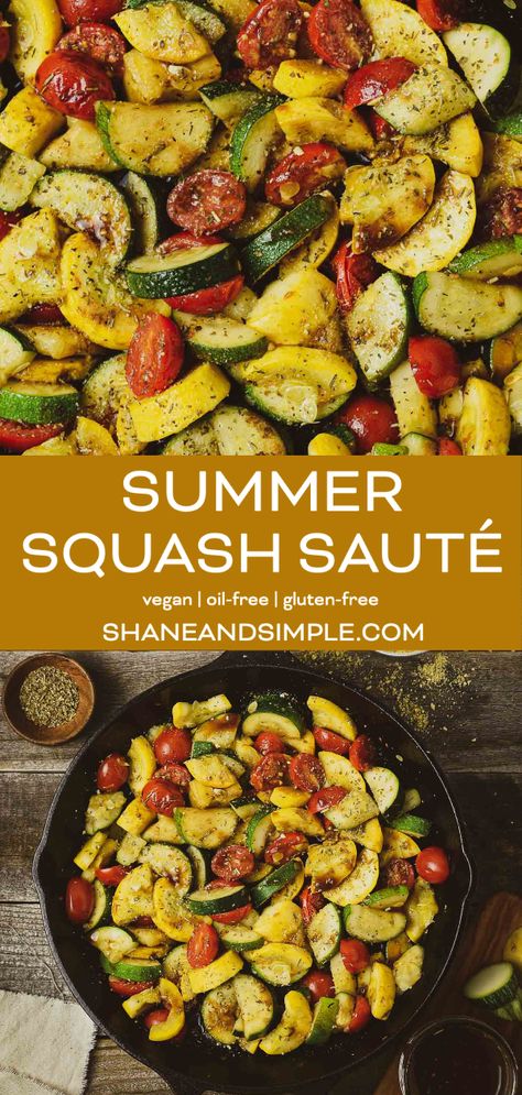 Vegan Summer Squash Sauté is healthy, delicious, and so easy to make. It's made with yellow squash, zucchini, cherry tomatoes, and vegan parmesan in one skillet. And, it's completely oil-free. Yellow Squash And Sweet Potato Recipes, Ways To Cook Yellow Squash, Friday Night Snacks, Tromboncino Squash Recipes, Yellow Squash And Zucchini Recipes Stir Fry, Zucchini Squash Eggplant Recipes, Zucchini And Yellow Squash Recipes, Yellow Squash Onion Tomato, Sauteed Yellow Squash