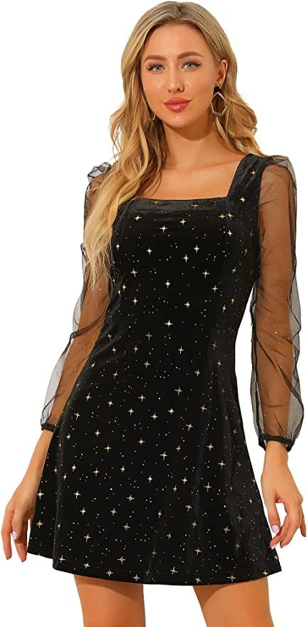 Velvet Dress Black, Prom Costume, Sparkly Party, Shirt Dress Pattern, Taylor Swift Outfits, Puff Long Sleeves, Black Velvet Dress, Glitter Stars, Mini Velvet Dress