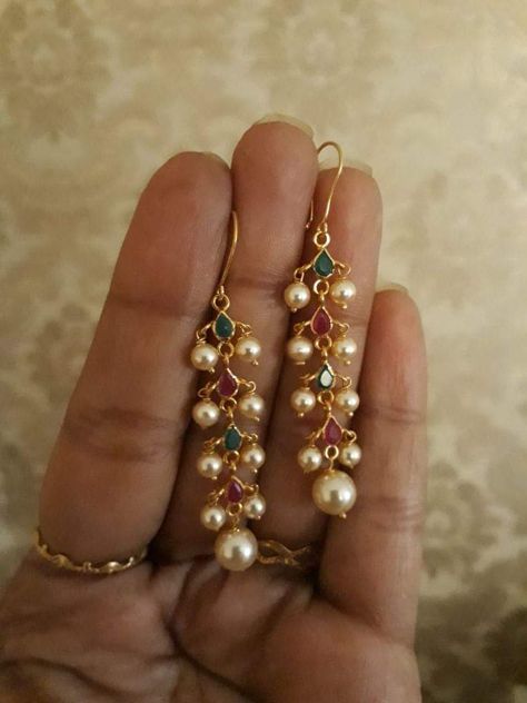 Hanging Pearl Earrings, Ear Hangings Indian Gold, Light Weight Earrings Gold, 2 Grams Gold Earrings Designs, Light Weight Gold Earrings, Pearl Earrings Indian, Jewellery Earrings Gold, Pearls Earrings Gold, Light Weight Gold Jewellery