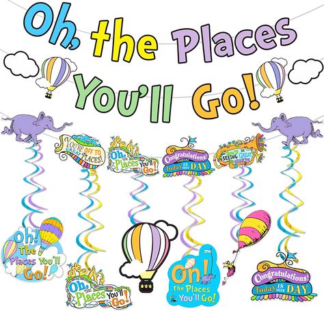 Oh The Places Youll Go Decorations, Dr Seuss Party Decorations, Preschool Graduation Decorations, Dr Seuss Party, Hot Air Balloon Decorations, Party 2023, Seuss Party, Preschool Graduation, First Birthday Banners