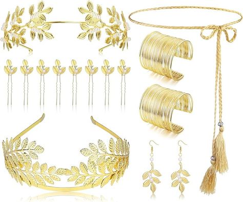 MILACOLATO 14Pcs Greek Goddess Costume Set Golden Laurel Leaves Crown Tiara Upper Arm Coil Bracelet Hair Headpiece Earrings Toga Waist Belt Accessories Jewellery Set for Women Party Wedding Halloweenb : Amazon.co.uk: Fashion Aphrodite Cosplay, Goddess Costume Accessories, Fnl Themes, Goddess Accessories, Leaves Crown, Greek Accessories, Upper Arm Cuff Bracelet, Hair Headpiece, Leaf Headband