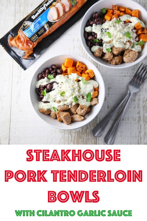 Steakhouse Pork Tenderloin Bowls with Cilantro Garlic Sauce - Tastefulventure Pork Tenderloin Bowl Recipe, Pork Tenderloin Bowl, Dinner Recipes Pork, Cilantro Garlic Sauce, Cooking Pork, Recipes Pork, Easy Main Dishes, Cilantro Sauce, Delicious Gluten Free Recipes