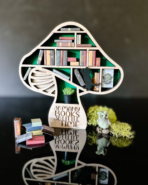 Mushroom Bookshelf, Hanging Bookshelves, Mini Bookshelf, Laser Cut Decor, Custom Birthday Banners, Mini Mushroom, Mini Doll House, Wooden Books, Bookshelves Diy