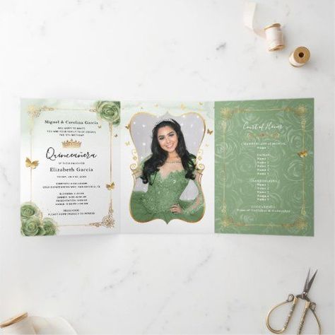 $3.91 | Elegant Photo Spanish Sage Green Gold Quinceanera Tri-Fold Invitation #sagegreengoldquinceanerainvitations #watercolorsweet16lighteucalyptus #spanishroseweddingsdiypicture #butterflythemeelegantweddingroses #rancheraprincesscrowntemplaterustic #traditionalmexicanmisquinceanos Tiara Pictures, Cards With Butterflies, Light Gray Wedding, Gold Quinceanera, Rose Gold Quinceanera, Royal Blue Quinceanera, Butterfly Wedding Theme, Invitations Quinceanera, Crown Template