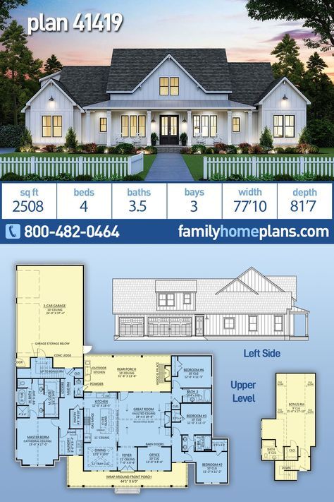 House Plan 41419 Four Bedroom House Plans, American Style House, Country Farmhouse Style, House Plans One Story, 4 Bedroom House Plans, Floor Plan 4 Bedroom, Farmhouse Style House Plans, Bedroom Floor Plans, Country House Plan