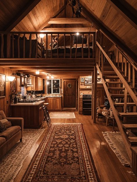 Cozy Cabin Loft 🪵🛋️ Small Cabin Loft Bedroom, Cabin Study Room, Aesthetic Cabin Interiors, Large Cabin Interiors, Aesthetic Cabin House, Tahoe Cabin Interior, Upstate New York Cabin, Cozy Cabin Layout, Fantasy Cabin Interior