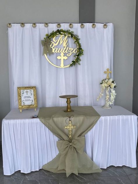 Confirmation Decoration Ideas, Bautizo Ideas Decoracion Nino Y Nina, Primera Communion Decoration, Decorations For Confirmation, Confirmation Centerpieces Ideas, Communion Centerpieces For Boys, First Communion Ideas For Boys, Simple Bautizo Decorations, First Communion Decorations Backdrop