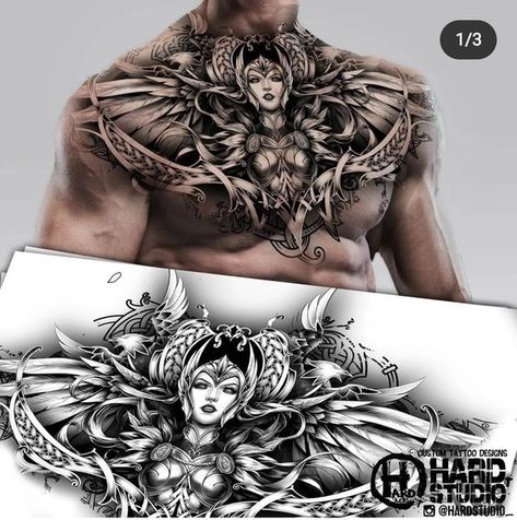 Valkyrie Chest Tattoo, Tattoo Peito, Chest Tattoo Drawings, Owl Tattoo Drawings, Female Warrior Tattoo, Valkyrie Tattoo, Scandinavian Tattoo, Helmet Tattoo, Armor Tattoo