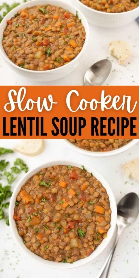 Easy Vegan Crockpot Soup, Chicken And Lentil Soup Crockpot, Dairy Free Lentil Soup, Lentil Soup Recipe Slow Cooker, Lentil Bean Soup Crockpot, Lentils Slow Cooker Recipes, Slow Cooker Lentils Recipe, Crockpot Lentils Easy, Slow Cooker Chicken Lentil Soup