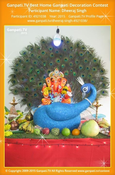 Dheeraj Singh Home Ganpati Picture 2015. View more pictures and videos of Ganpati Decoration at www.ganpati.tv Pecoke Feather Ganpati Decoration, Peacock Ganesha Decoration, Morpankh Decoration For Ganpati, Ganpati Decoration Peacock Theme, Ganpati Decoration At Home Peacock, Peacock Decoration For Ganpati, Ganeshji Murti, Ganpati Decoration Images, Peacock Feather Decor