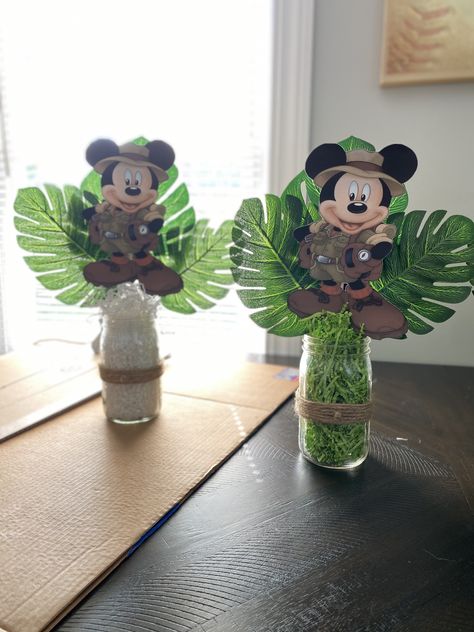 Mickey Safari Centerpiece Ideas, Mickey Safari Baby Shower Ideas, Jungle Mickey Mouse Party, Mickey Mouse Jungle Theme, Safari Mickey Mouse Party Birthday, Mickey Wild One Birthday, Mickey's Safari Birthday, Mickey Mouse Safari Centerpieces, Mickey Mouse Safari Birthday Cake