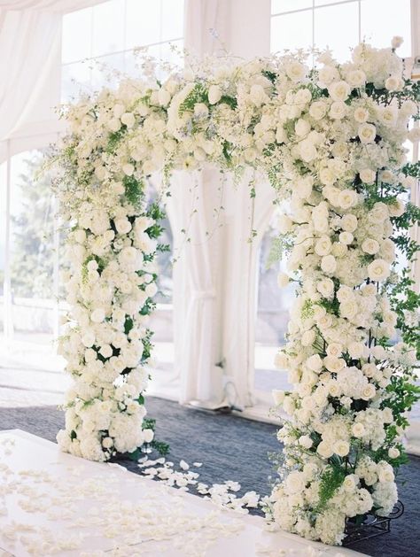 Rose Wedding Arch, White Floral Arch, Romantic Outdoor Wedding Ceremony, Inside Wedding, White Rose Wedding, Burgundy Wedding Flowers, White Wedding Arch, White Roses Wedding, Wedding Arch Flowers