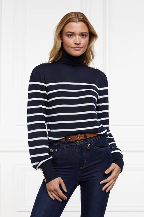 Holland Cooper, Stripe Outfits, Wardrobe Outfits, Traditional Fashion, Fit Body, Double Breasted Coat, Full Sleeves, Classic Outfits, Roll Neck