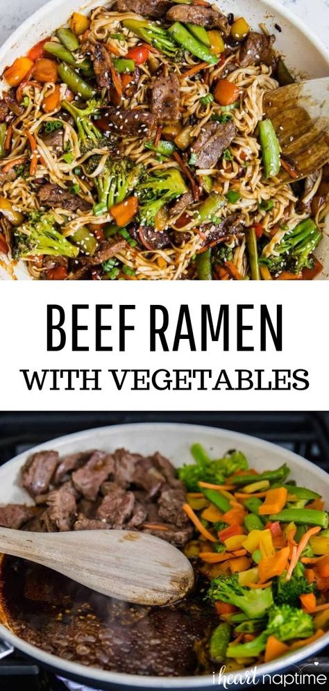 EASY Veggie Beef Ramen - Make your own take out at home with this tasty recipe! This dish is filled with tender steak, crisp vegetables and the perfect sauce. #ramen #ramennoodles #beeffoodrecipes #beef #beefrecipes #steak #steakrecipes #vegetables #veggies #chinesefoodrecipes #easyrecipe #easydinner #dinner #dinnerrecipes #recipes #iheartnaptime Slow Cooker Ramen Beef, Steak Ramen Soup, Ramen With Steak, Steak Ramen Recipes, Steak Ramen Noodle Recipes, Garlic Beef And Veggie Ramen, Easy Beef Ramen, Thai Dinners, Slow Cooker Beef Ramen