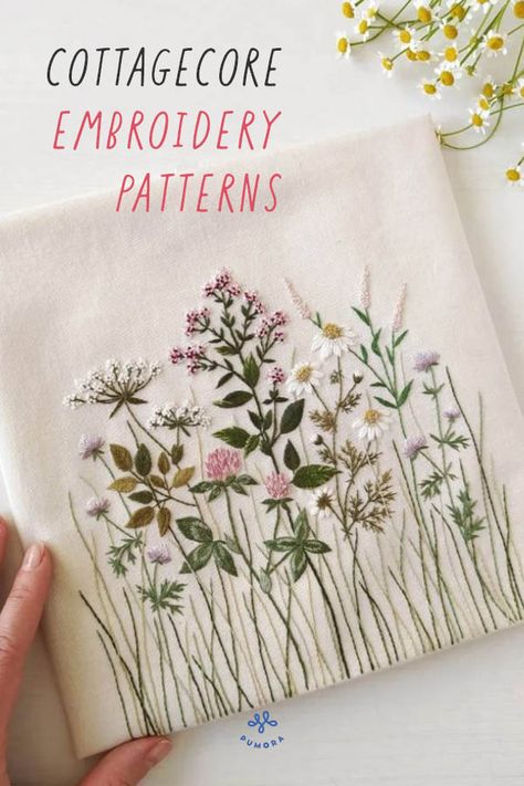 Embroidery Wild Flowers Pattern, Machine Embroidery Floral Designs, Delicate Flower Embroidery, Wildflower Embroidery Pattern Free, Wildflower Embroidery Pattern, Hand Embroidery Patterns Free Printable Flowers, Hand Embroidery Designs Free, Herbal Embroidery, Cottage Core Embroidery