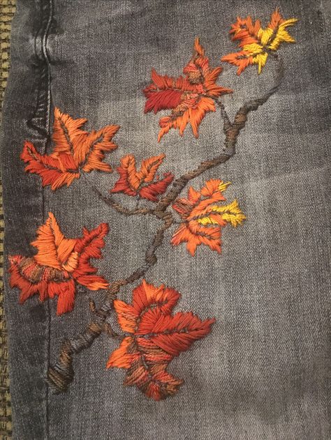 Autumn Textile Art, Autumn Leaves Dress, Autumn Leaf Embroidery, Autumn Textiles, Maple Embroidery, Autumnal Embroidery, Fall Leaves Embroidery, Embroidered Jeans Outfit, Autumn Leaves Embroidery