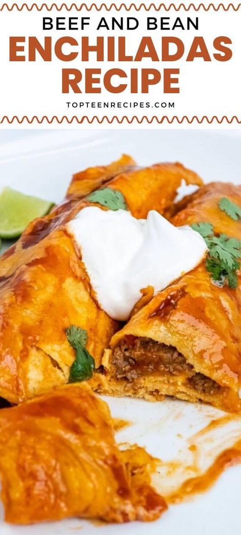 Beef and Bean Enchiladas Recipe - Top Recipes Beef Bean And Cheese Enchiladas, Enchiladas Beef And Bean, Brisket Enchiladas Recipe, Beef And Bean Enchiladas, Mexican Food Authentic, Flour Tortilla Enchiladas, Bean And Cheese Enchiladas, Beef Burrito Recipe, Ground Beef Enchiladas