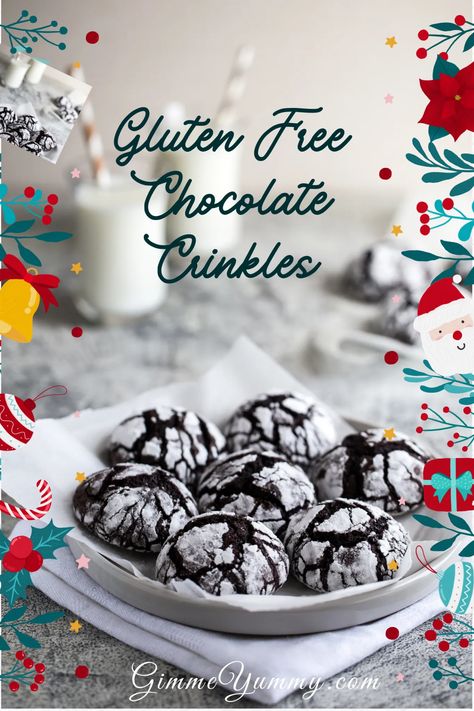 Gluten Free Chocolate Crinkle Cookies Without Almond Flour - Gimme Yummy Recipes Gluten Free Chocolate Crinkle Cookies, Almond Flour Chocolate Cookies, Healthier Cookies, Gluten Free Cookies Easy, Chocolate Crinkle Cookies Recipe, Gluten Free Holiday Cookies, Chocolate Texture, Gluten Free Christmas Cookies, Crinkle Cookies Recipe