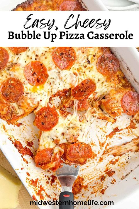 Bubble Up Pizza Casserole with biscuits is a delicious, easy casserole with a soft garlic parmesan biscuit base topped with rich tomato sauce, gooey cheese, and pepperoni. Fast, easy dinner recipe that takes just a few minutes of prep time and bakes in about 30 minutes.rnrn Bubble Up Recipes Breakfast, Dinner With Biscuits Ideas, Pizza Casserole With Biscuits, Garlic Parmesan Biscuits, Biscuit Base Recipe, Casserole With Biscuits, Parmesan Biscuits, Grand Biscuit Recipes, Bubble Pizza