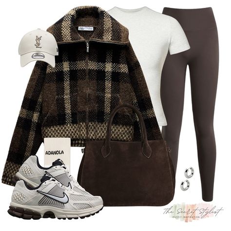 Athleisure Outfits Rainy Day, Brown Leggings Outfit, Leggings Outfit Workout, Dark Brown Leggings, All Brown Outfit, Casual Athleisure Outfits, Brown Suede Bag, Saturday Fashion, Outfit Links