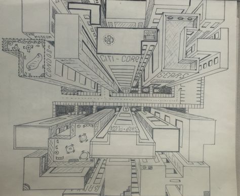 Birds Eye View Street Scene One Point Perspective Drawing Birds Eye View, A City Drawing, Birds Eye View Drawing Perspective, City Drawing Easy, Birds Eye View Drawing, 1 Point Perspective Drawing, Birds Eye View City, Perspective Composition, Perspective Architecture