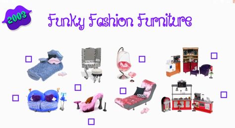 Furniture for Bratz! Bratz Doll Furniture, Bratz Funky Fashion Furniture, Bratz Furniture, Bratz Dollhouse, Bratz House, Lisa Frank, Slumber Party, Bratz Doll, Funky Fashion