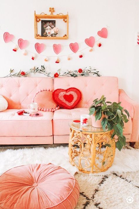 101 Ways to Decorate Your Home For Valentine's Day » Lady Decluttered Pink Couches, Feng Shui Colours, Boho Valentine, Decorations Bedroom, Pink Couch, Day Room, Unique Valentines Day Gifts, Unique Valentines, Romantic Valentine