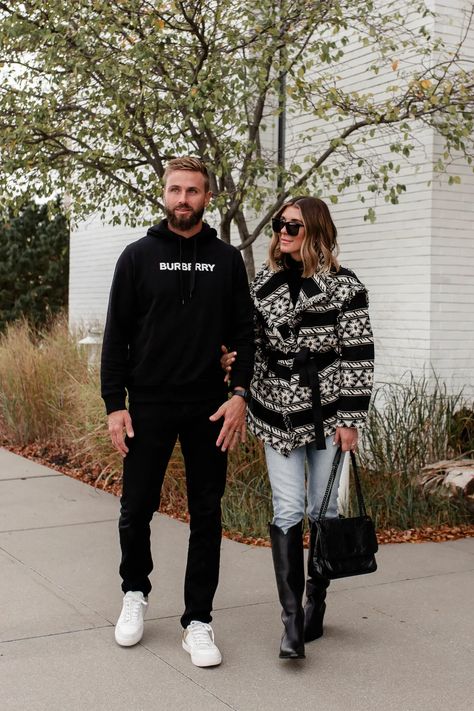 Fall For Him And Her - Cella Jane Becky Hillyard, Boho Winter Outfits, Excited For Fall, Leather Leggings Outfit, Cella Jane, Boho Winter, Casual Outfits For Moms, Jacquard Jacket, Designer Sweatshirts