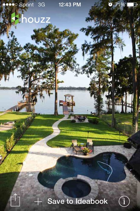 Gorgeous! Backyard With Lake View, Lake Home Outdoor Spaces, Backyard Landscaping Lake House, Pool Lake Backyard, Pool By The Lake, Lake House Backyard With Pool, Lake House Back Porch, Beach Lake House, Lake Backyard Ideas