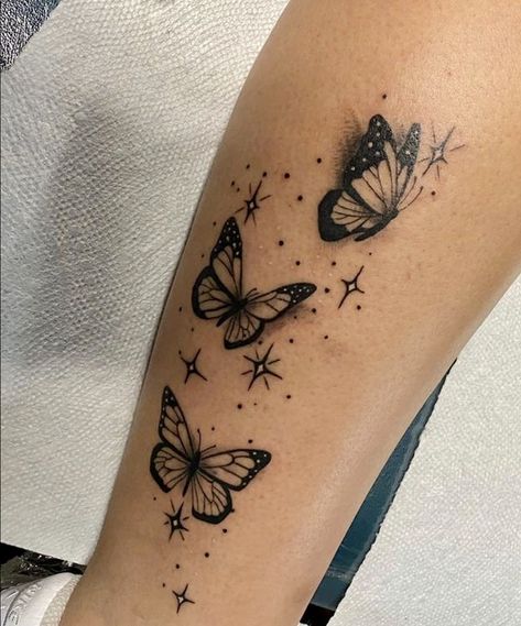 Butterfly Tattoo Calf For Women, Unique Butterfly Tattoo Designs On Arm, Butterfly Going Up Arm Tattoo, Butterfly Ankle Tattoo Wrap Around, Butterfly Tattoo On Leg For Women, Butterfly Arm Tattoos For Women Sleeve, Butterfly Tattoo With Shading, Butterfly Sparkle Tattoo, 3 Butterfly Tattoo On Arm