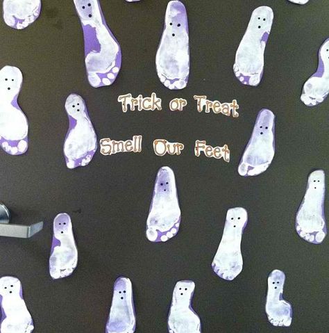 "Trick or Treat, smell our Feet" classroom door. Trick Or Treat Smell My Feet Door, Halloween Doors, Door Bulletin Boards, October Lessons, Class Door, Preschool Bulletin, Preschool Bulletin Boards, Halloween Classroom, School Decor