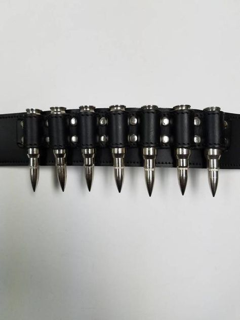 Leather Bullet Belt 1-3/4" (45 m ) Wide With Large Big Chrome/Silver Bullets Stitched Lined Black Le