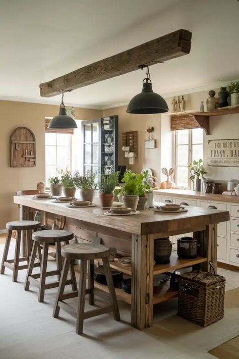 Rustic kitchen with a wooden island, stools, potted plants, and hanging lights. Bar Seats In Kitchen, Farmhouse Table Island, Kitchen Island Raised Bar, Rustic Kitchen Island With Seating, Kitchen Island Tables, Natural Wood Island, Kitchen Island With Post, Kitchen Bar Island, Kitchen Island Seating