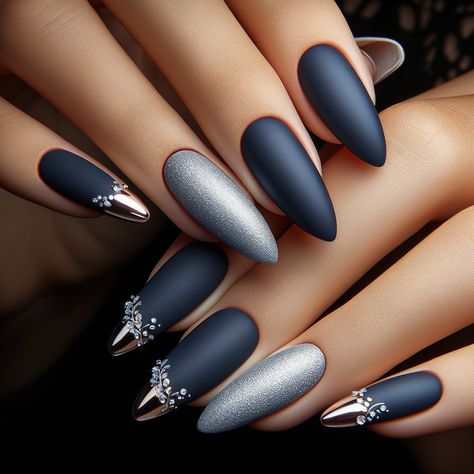 Close-up view of matte navy nails featuring shiny silver tips, showcasing a stylish and elegant nail design. Navy And Chrome Nails, Silver Almond Shaped Nails, Navy Nails With Silver, Navy Silver Nails, Nails With Silver Tips, Matte Navy Nails, Navy Chrome Nails, Nails Blue Silver, Blue Silver Nails