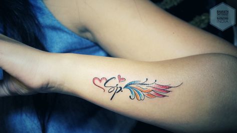 Sp Tattoo Letter Design, Letter With Wings Tattoo, Sp Tattoo, Star Tattoo Designs, Star Tattoo, Book Tattoo, Wings Tattoo, Tattoos Gallery, Name Tattoo