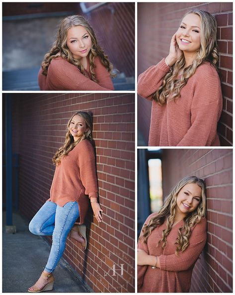 Senior Picture Poses Brick Wall, Modest Senior Picture Ideas, Wall Pose Ideas, Senior Pics Brick Wall, Teenage Photo Shoot Ideas, Brick Wall Headshots, Brick Wall Portraits, Senior Picture Brick Wall, Poses Girly