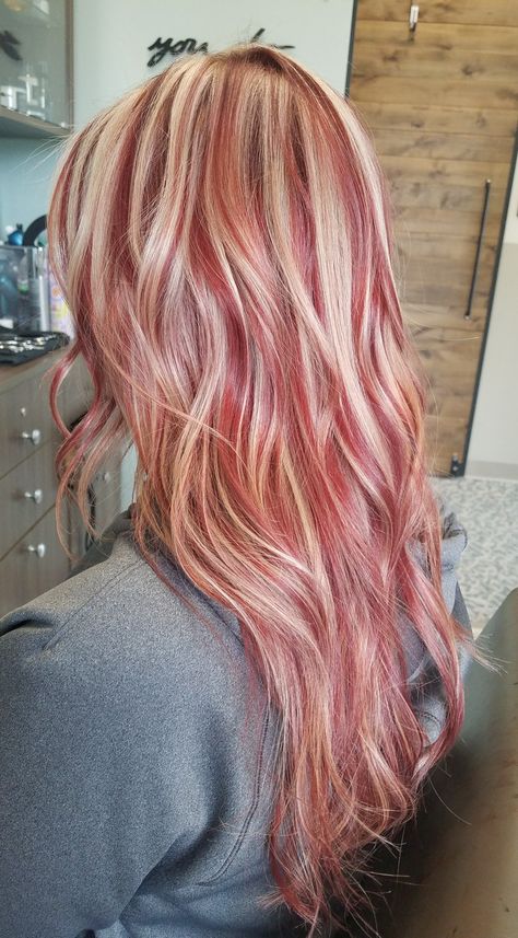 Fun Hair Ideas For Blondes, Blond With Red Hair, Blonde Highlights With Color Streak, Brown With Blonde Money Pieces Curly Hair, Red Violet Blonde Hair, Pink Hair For Blondes, Blonde With Bright Red Highlights, Red And Blonde Streaks, Red On Blonde Hair