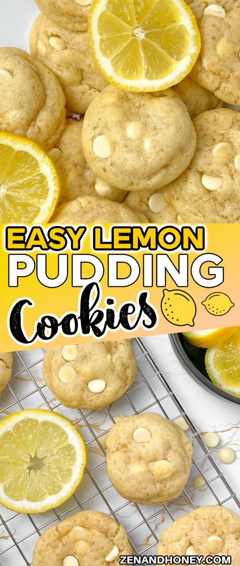 Lemon Pudding Cookies - ZEN AND HONEY Lemon Pudding Cookies Recipes, Pudding Cookies Easy, Easy Lemon Pudding, Lemon Pudding Cookies, Chewy Lemon Cookies, Lemon Pudding Recipes, Cookies With White Chocolate Chips, Blueberry Pudding, Pudding Cookies Recipes