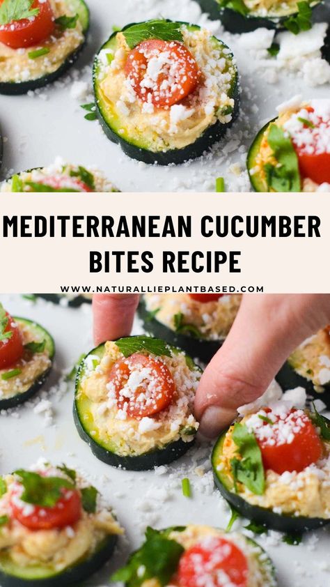 Cucumber Hummus Bites, Cherry Tomato Feta, Diet Appetizers, Cucumber Bites Appetizers, Cherry Tomatoes Feta, Feta Crumbles, Mediterranean Cucumber, Mediterranean Hummus, Hummus Appetizers