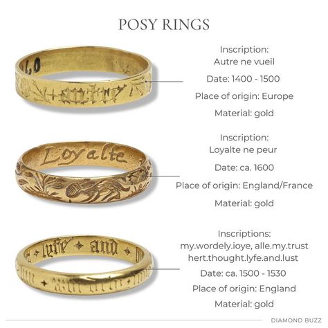 DIAMOND BUZZ on Instagram: “THE HISTORY OF POSY RINGS Posy rings, also spelt posie, poesy or posey, are antique gold rings with a short inscription on their inner or…” Rings With Initials, Posey Ring, Antique Gold Rings, Gold Finger Rings, Engagement And Wedding Rings, Multiple Rings, Short Messages, Secret Messages, Finger Rings